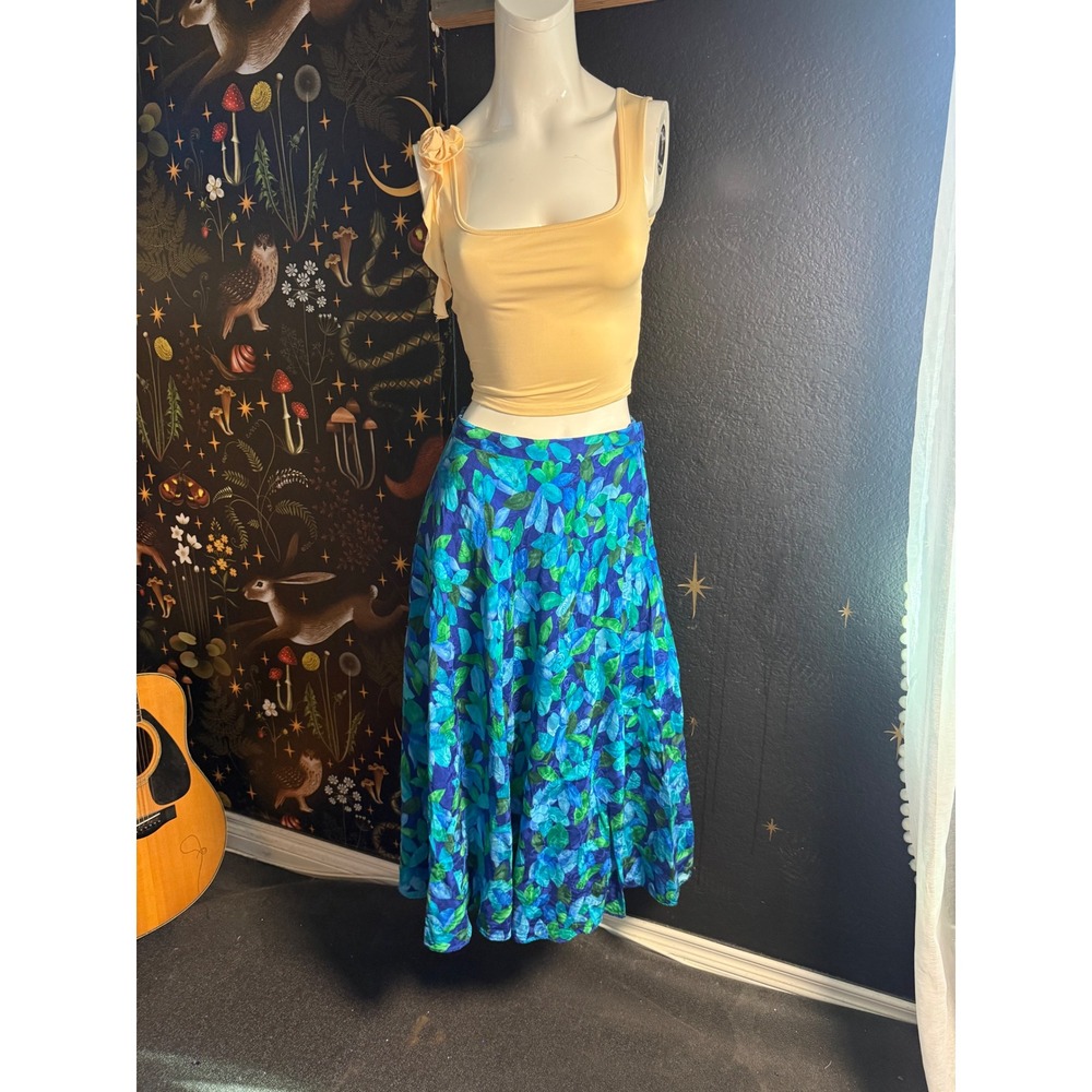 Vintage 100% Silk Midi Skirt Blue Green Leaf Print High Waisted A-Line Size 10